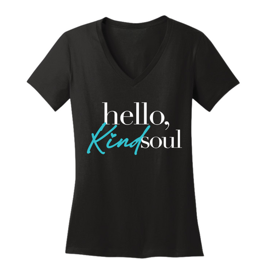 Hello, Kind Soul Ladies V-Neck Tee - Black - Blue Heart
