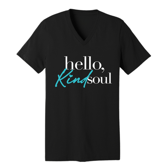 Hello, Kind Soul Unisex V-Neck Tee - Black - Blue Heart